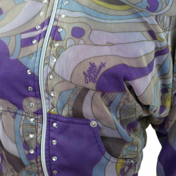 Y2K Apple Bottoms Psychedelic Sheer Cropped Zip-Up Hoodie with Rhinestones US M - Picture 6 of 8